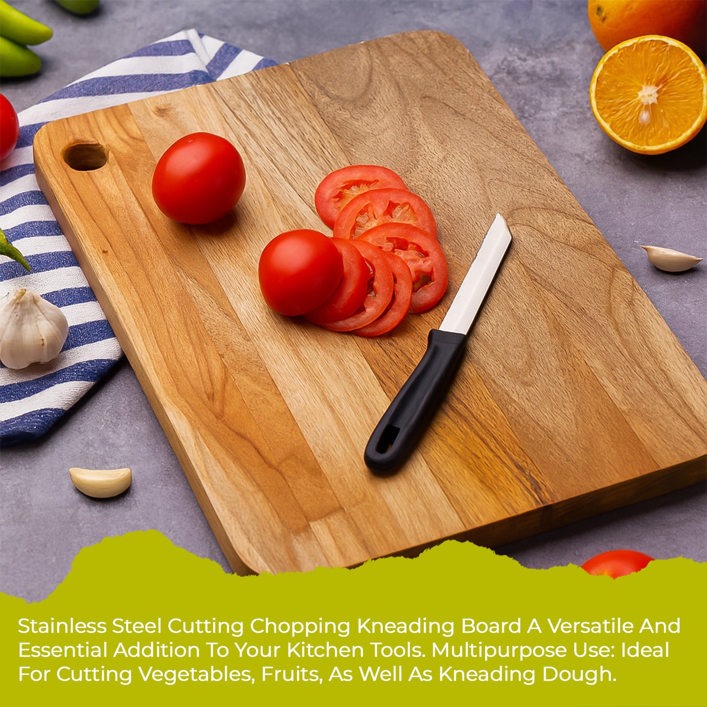 Wukusy Apex Steel Oak medium cutting board with wooden handle, durable kitchen accessory for food preparation.