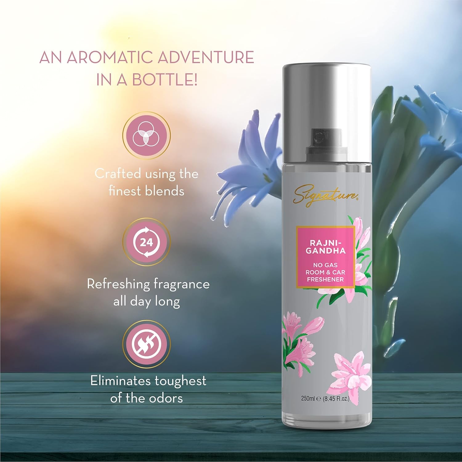 Wukusy Signature Rajnigandha room and car freshener spray bottle, 250ml, with floral design and spray nozzle visible.