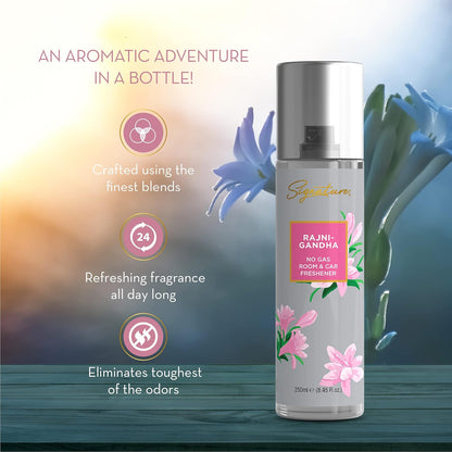 Wukusy Signature Rajnigandha room and car freshener spray bottle, 250ml, with floral design and spray nozzle visible.