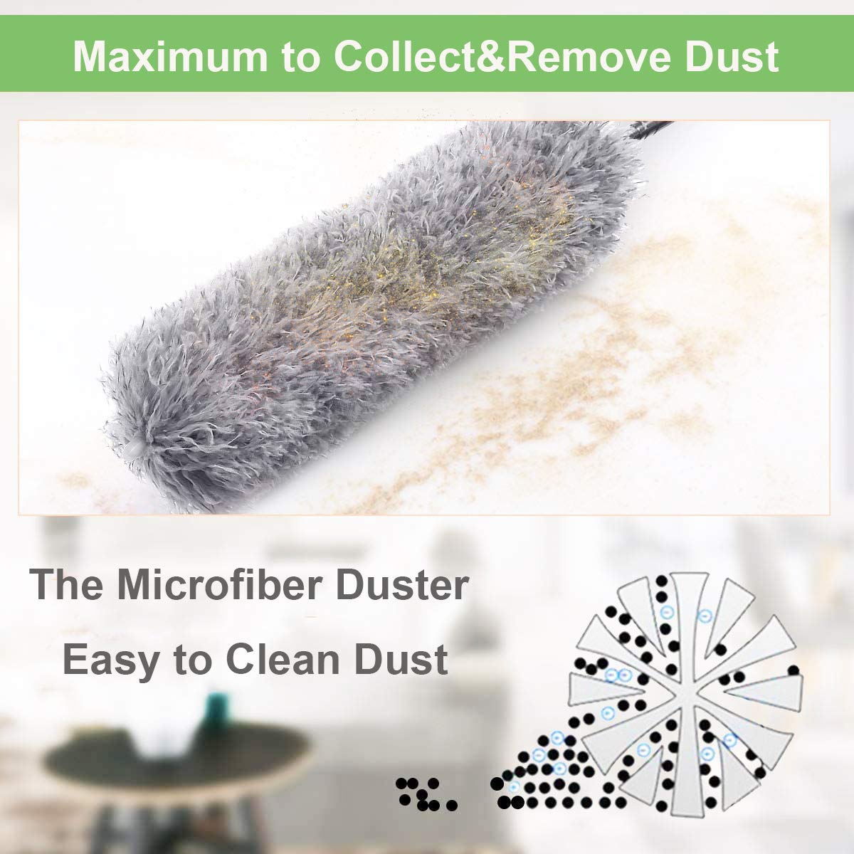 Wukusy microfiber feather duster with 100-inch extendable handle for cleaning high ceilings, fans, blinds, cobwebs, furniture, and cars.