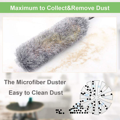 Wukusy microfiber feather duster with 100-inch extendable handle for cleaning high ceilings, fans, blinds, cobwebs, furniture, and cars.