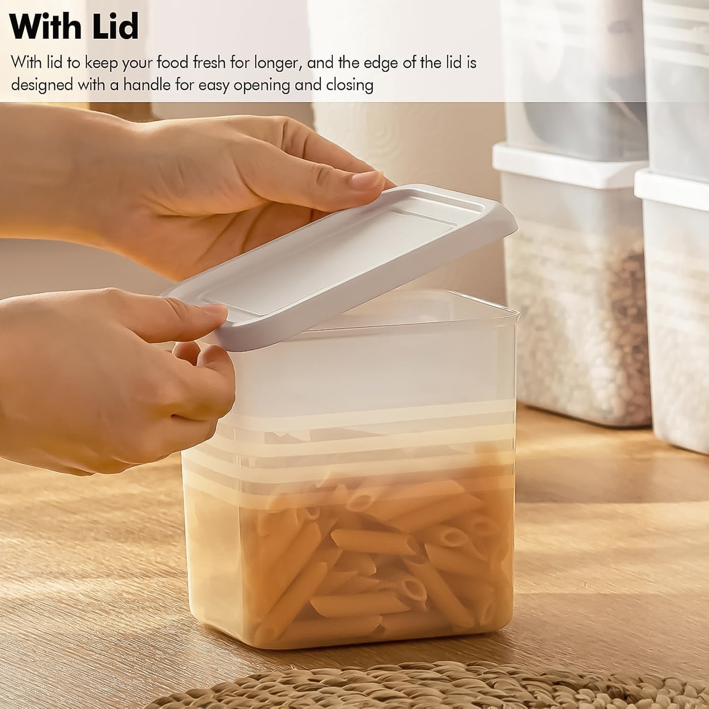 Six transparent square plastic food storage containers by Wukusy set with secure lids, ideal for kitchen organization and food preservation.
