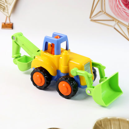 Wukusy Funwoods construction vehicle toy set for kids with four colorful toy trucks and construction tools on a play mat.