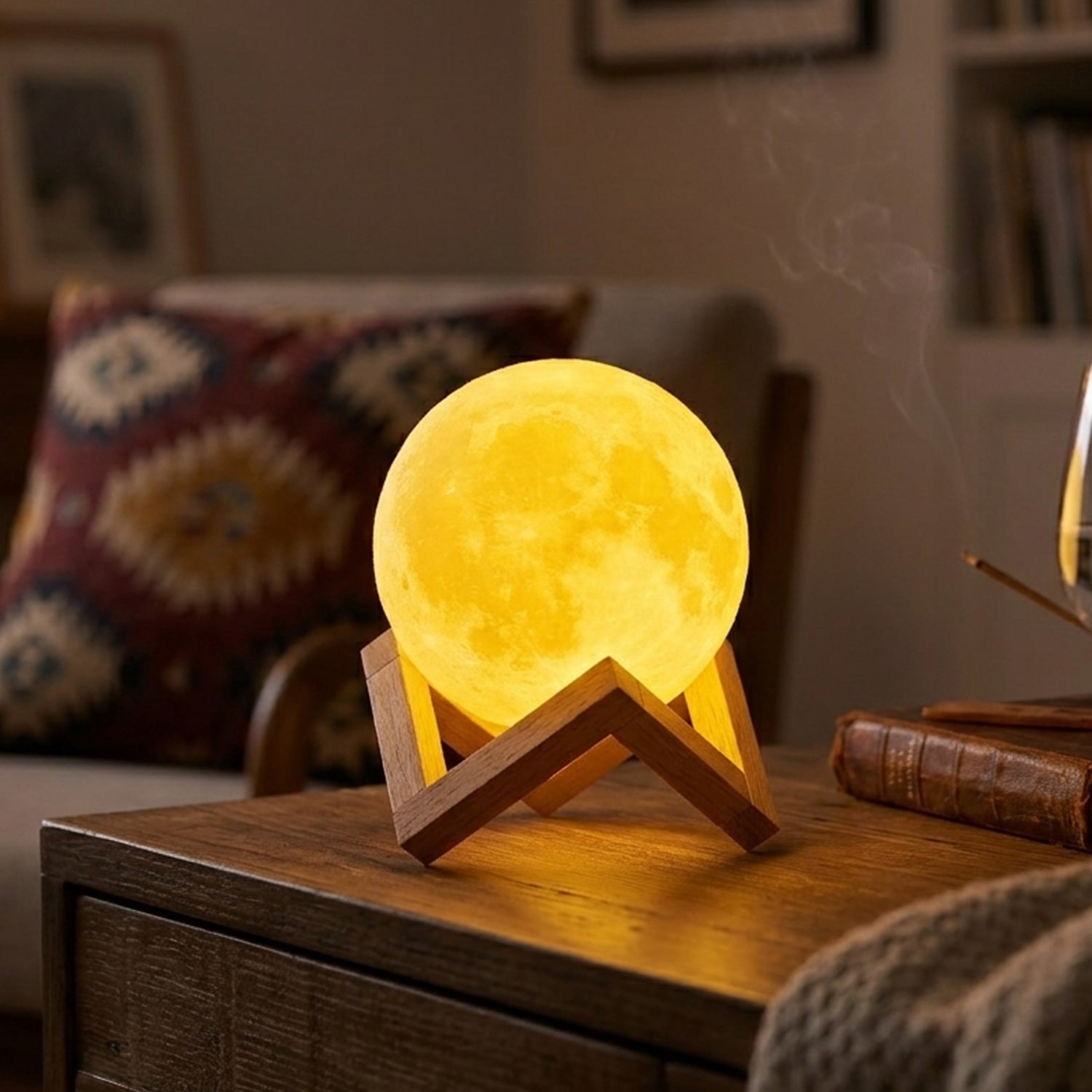 Wukusy LED ball night lamp on wooden stand, soft glowing light, modern design perfect for bedroom or bedside decor