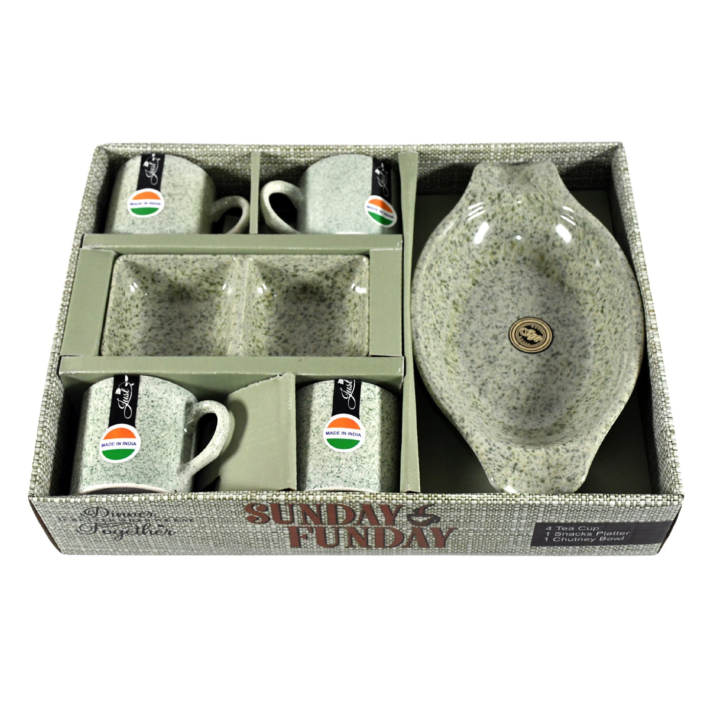 Wukusy Sunday Funday ceramic tea cups and mugs set with plastic snacks platter, chutney bowls, and breakfast cups for household use