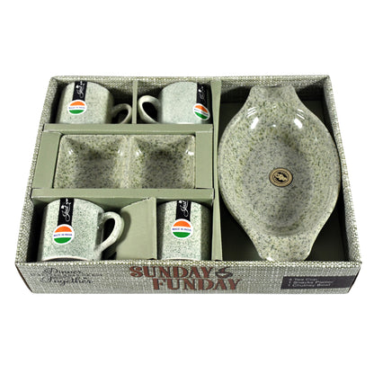Wukusy Sunday Funday ceramic tea cups and mugs set with plastic snacks platter, chutney bowls, and breakfast cups for household use