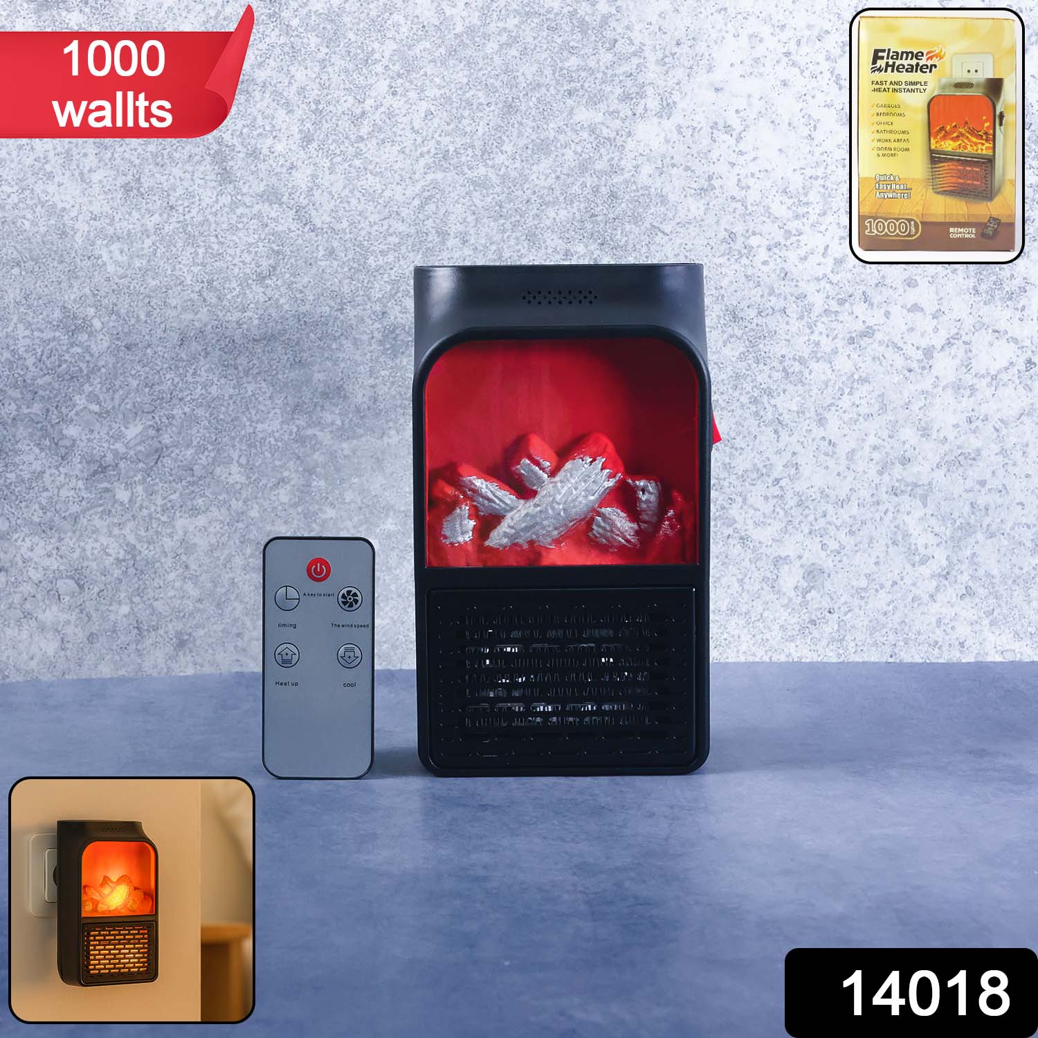 Wukusy portable electric fireplace lamp with LED flame effect and 900W heater, suitable for office use, with a sleek design.