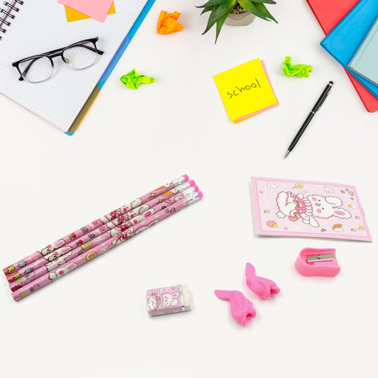 Wukusy 9-piece kids stationery kit including wooden pencil sharpener, eraser, small diary, and school supplies for boys and girls