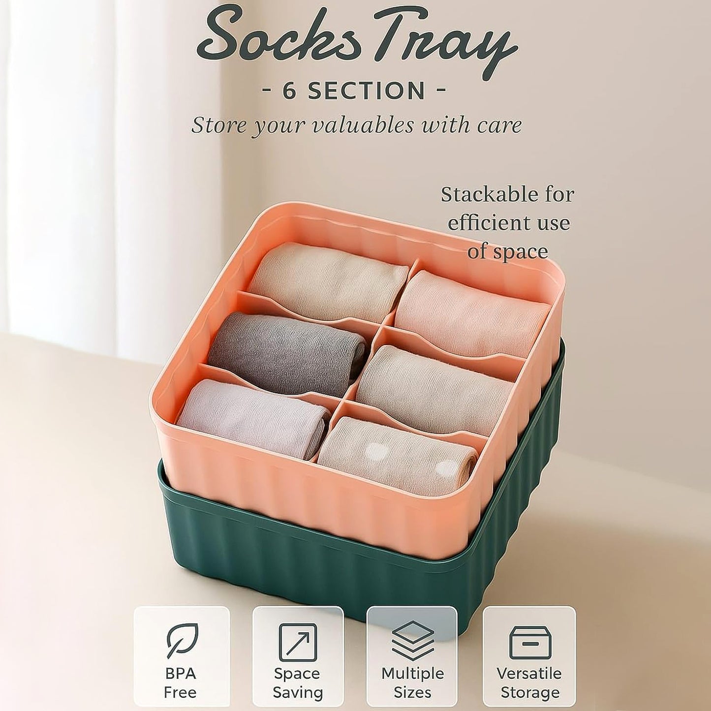 Set of two Wukusy square organizer boxes with six compartments each, ideal for home organization and storage.