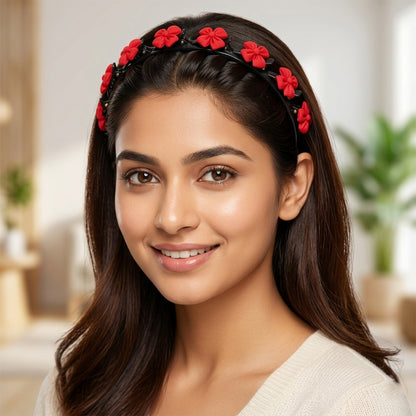 Wukusy decorative floral headband with built-in mini claw clips, featuring colorful flowers and flexible hair band design.