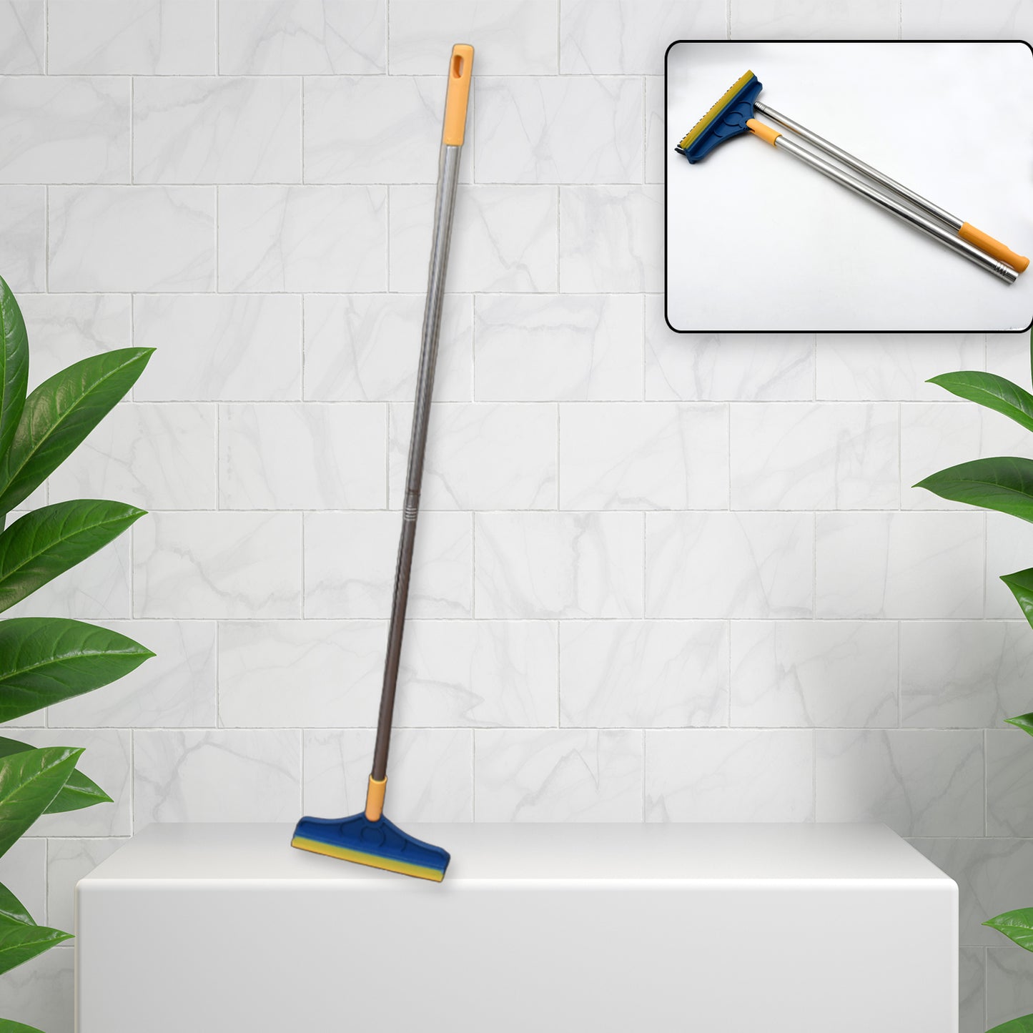 Wukusy 2-in-1 long handle floor cleaning brush with rotating triangular head and wiper, ideal for bathroom and kitchen cleaning.