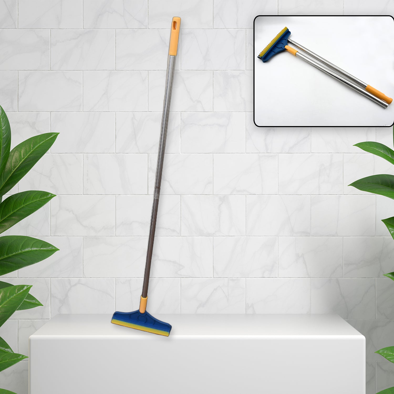 Wukusy 2-in-1 long handle floor cleaning brush with rotating triangular head and wiper, ideal for bathroom and kitchen cleaning.