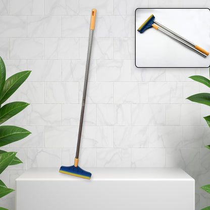 Wukusy 2-in-1 long handle floor cleaning brush with rotating triangular head and wiper, ideal for bathroom and kitchen cleaning.
