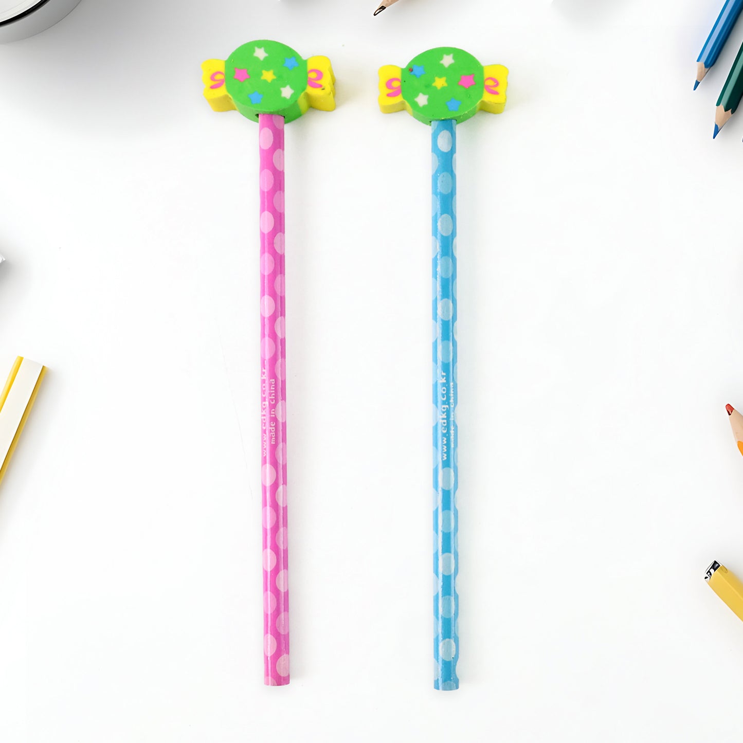 Fun candy design pencil set with colorful accessories, featuring multiple pencils and decorative elements, by Wukusy for office use.