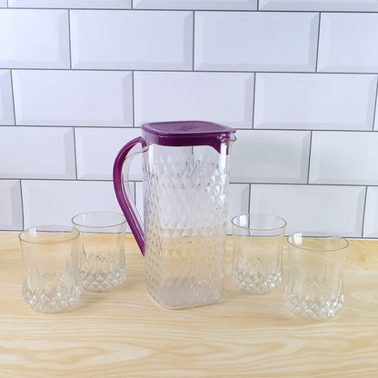 Wukusy Supermom Roma plastic jug with four matching glasses in a 5-piece home and kitchen combo set displayed on a table.