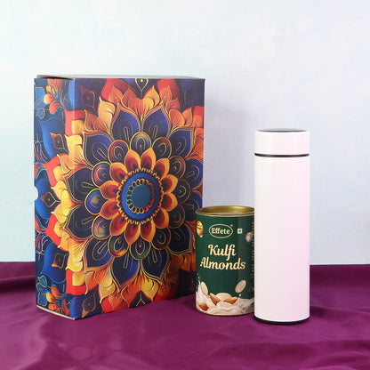 Wukusy Effete Kulfi Almonds Gift Hamper with golden accents and a bottle, featuring a 2-piece set for home and kitchen use.