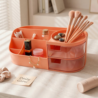 Wukusy multipurpose makeup organizer storage box displaying divided compartments for cosmetics and brushes on a white background.
