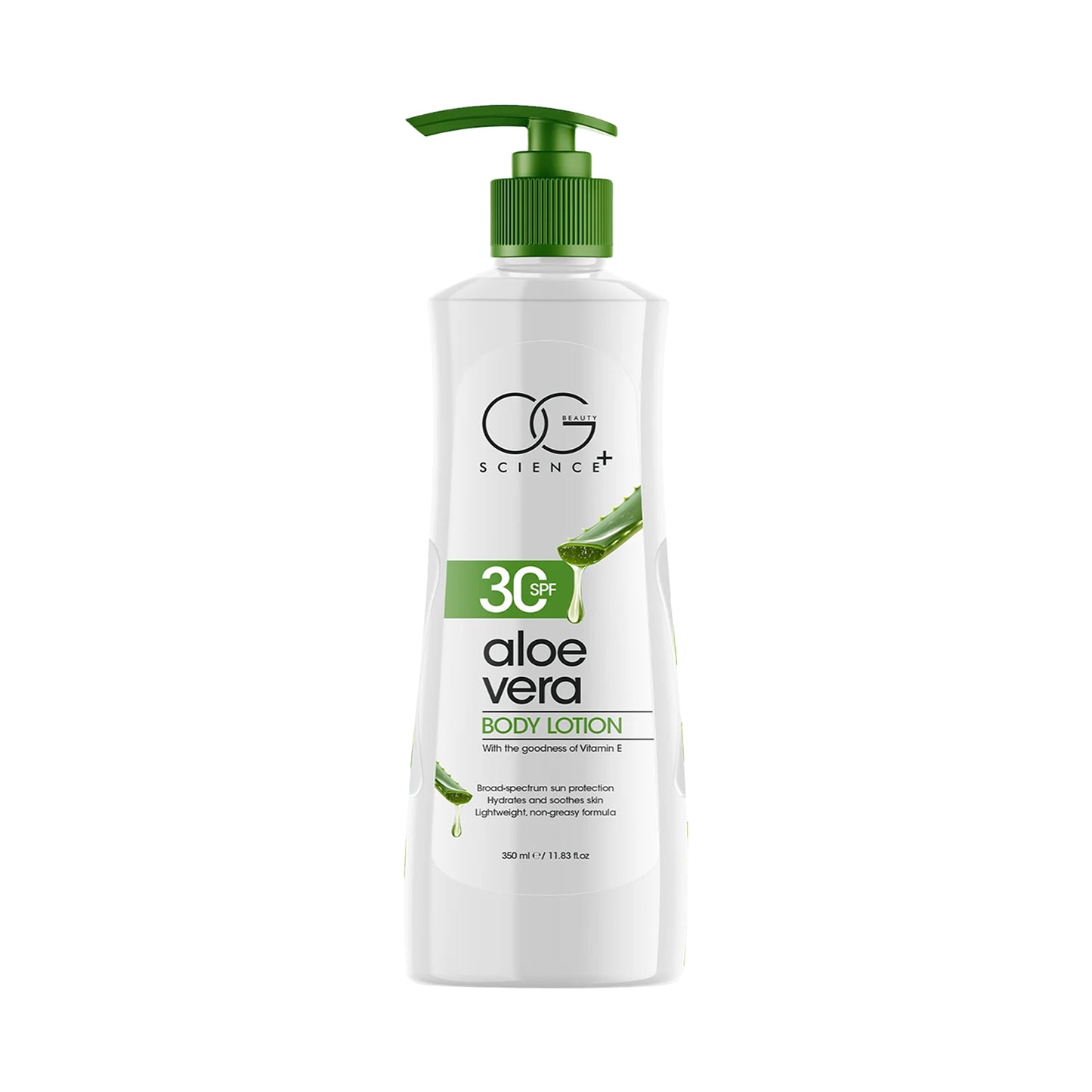 Wukusy Og Beauty Science Aloe Vera Body Lotion bottle showing label and 350ml size, suitable for soothing skin care.