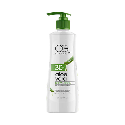 Wukusy Og Beauty Science Aloe Vera Body Lotion bottle showing label and 350ml size, suitable for soothing skin care.