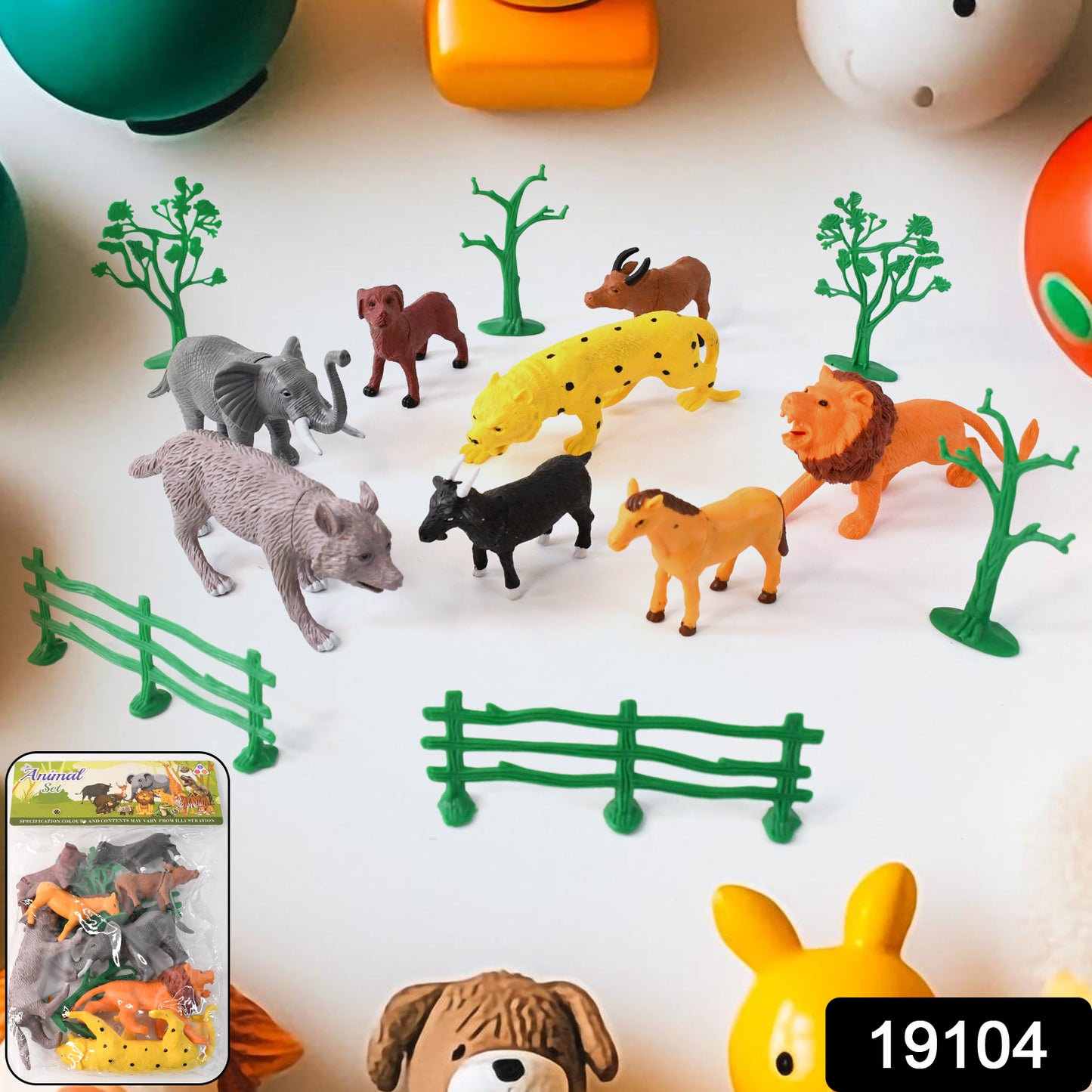 Colorful Wukusy Animal Kingdom plastic toy set for kids with 14 animal figures in vibrant colors and detailed designs.