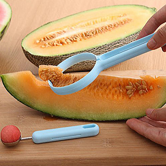Wukusy 8154 2-in-1 kitchen tool for peeling soft fruits and making fruit balls, featuring avocado, papaya, watermelon, and honey dew.
