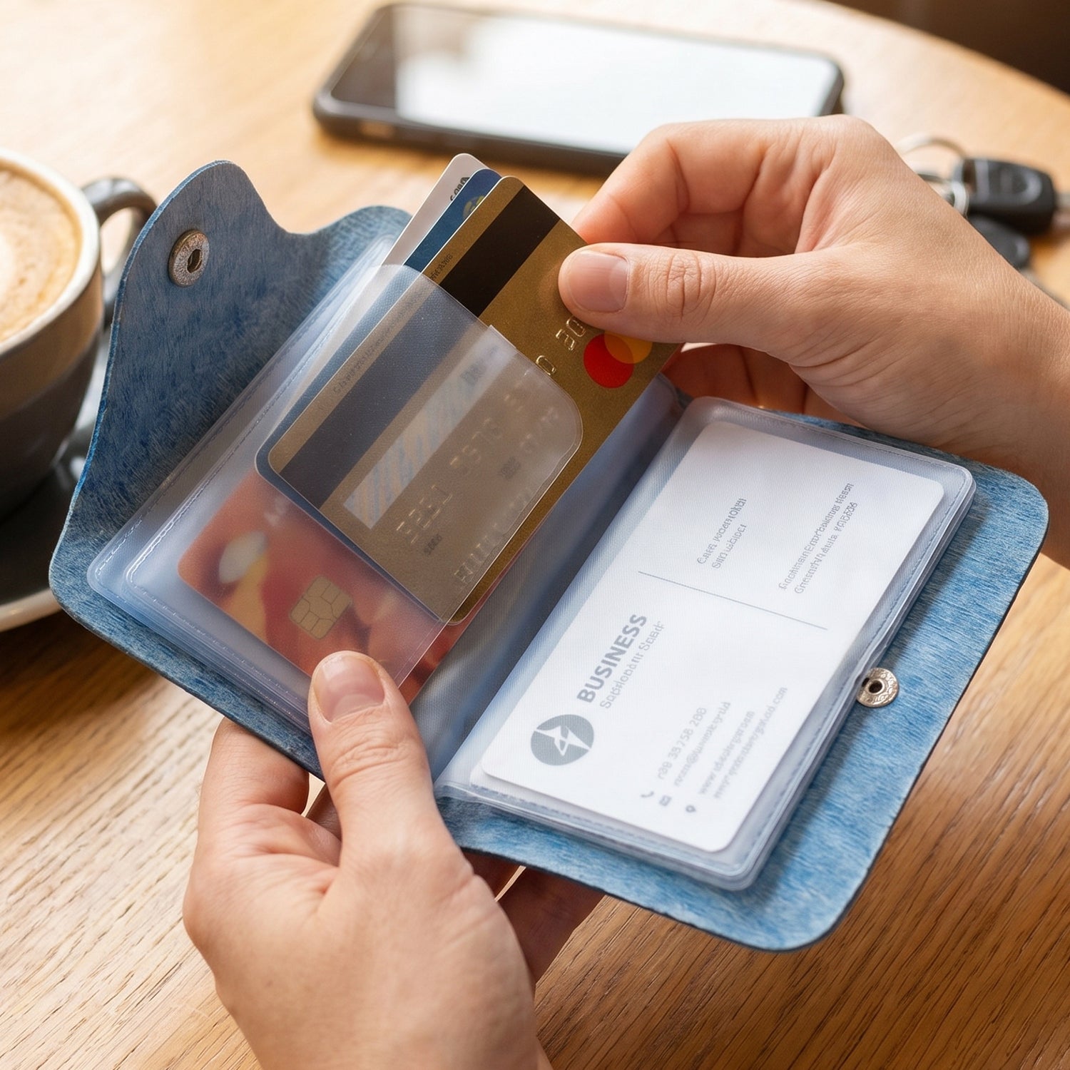 Wukusy premium leather card holder wallet with button closure and 10 inner leaf slots, compact and stylish for everyday use.
