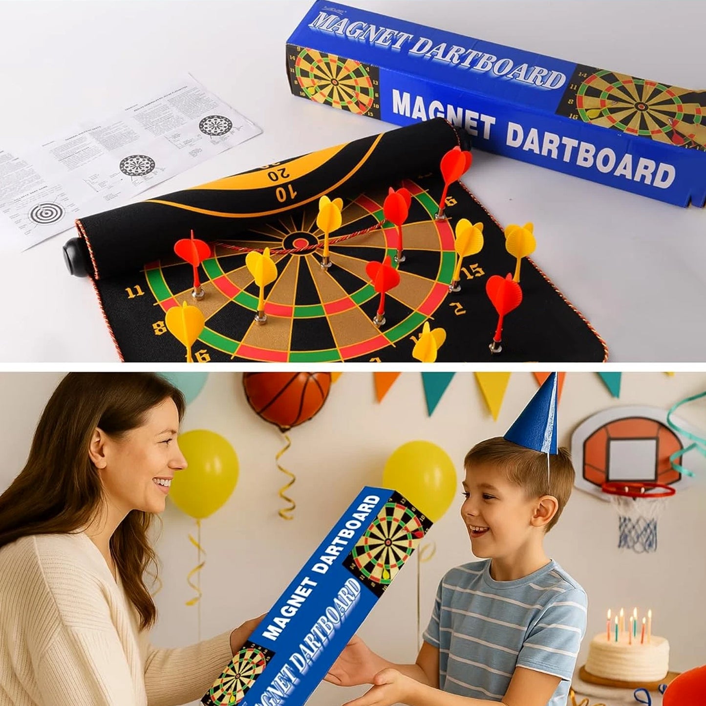 Wukusy 12-inch magnetic roll-up dartboard game with colorful darts, flexible surface, and easy-to-transport design for fun indoor play.