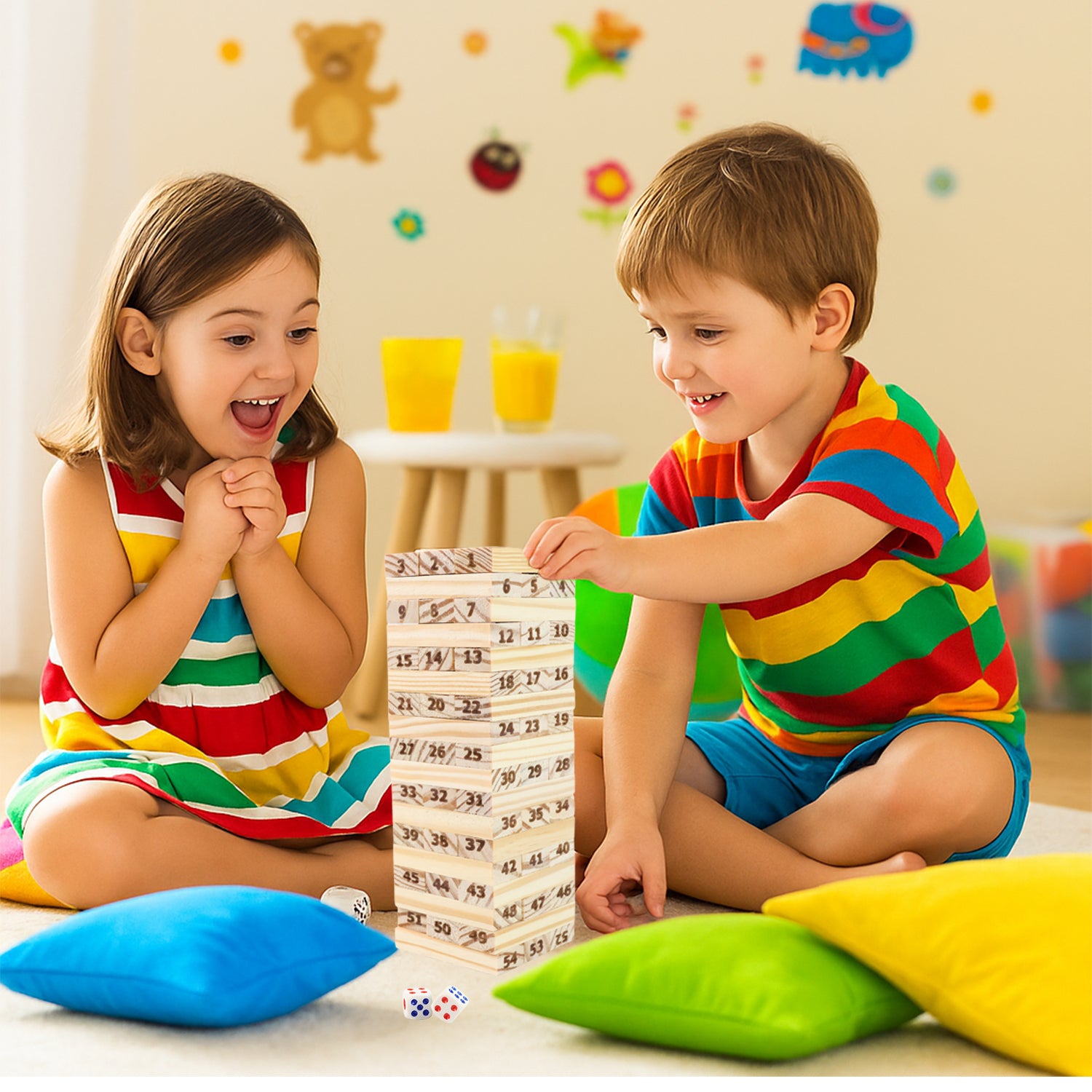 Wukusy Tumbling Tower wooden blocks game set, colorful stacked wooden blocks for family and party play on a wooden surface.
