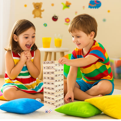 Wukusy Tumbling Tower wooden blocks game set, colorful stacked wooden blocks for family and party play on a wooden surface.