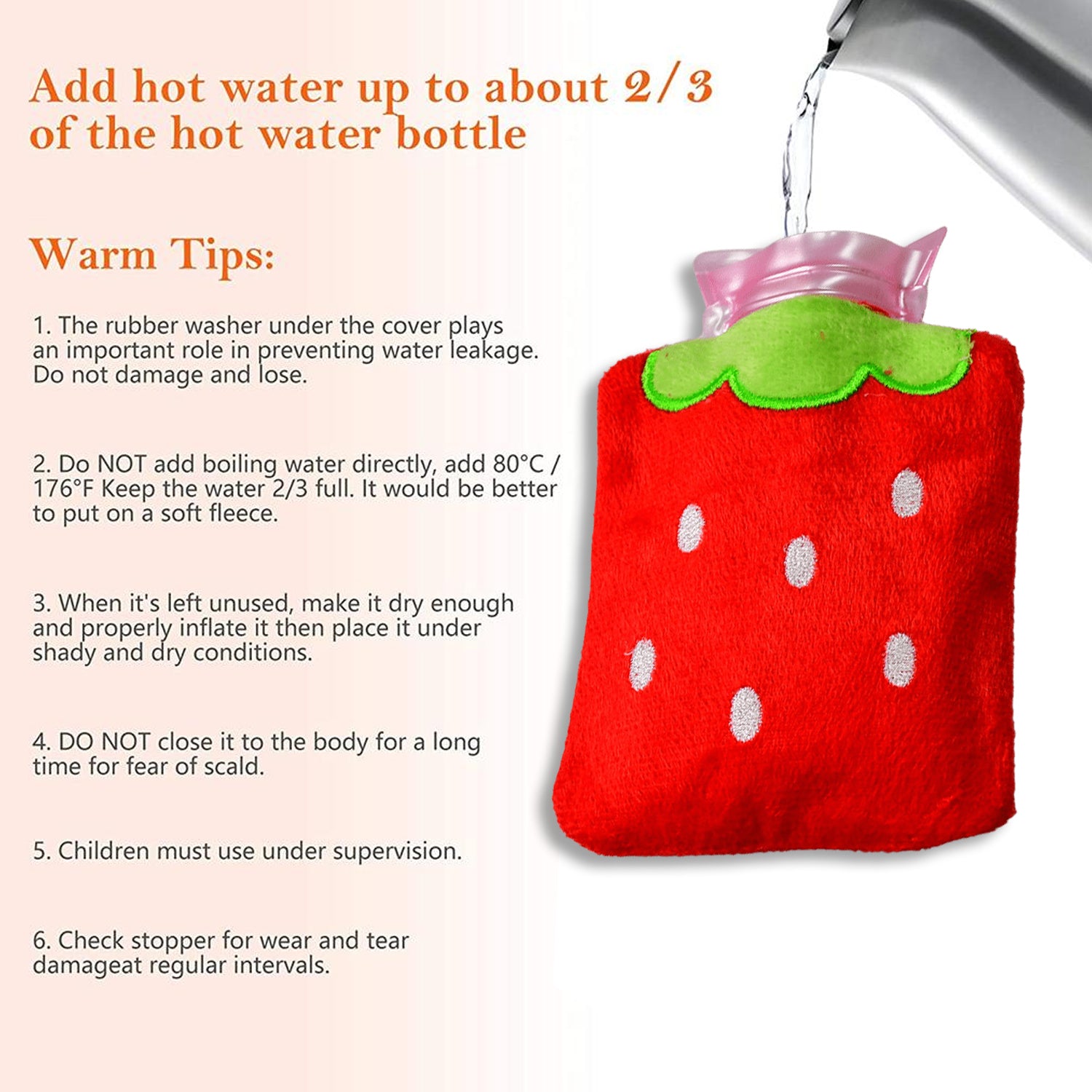 Wukusy 6516 strawberry hot water bag with cover for pain relief, neck, shoulder, hand, foot warmth, and menstrual cramps.