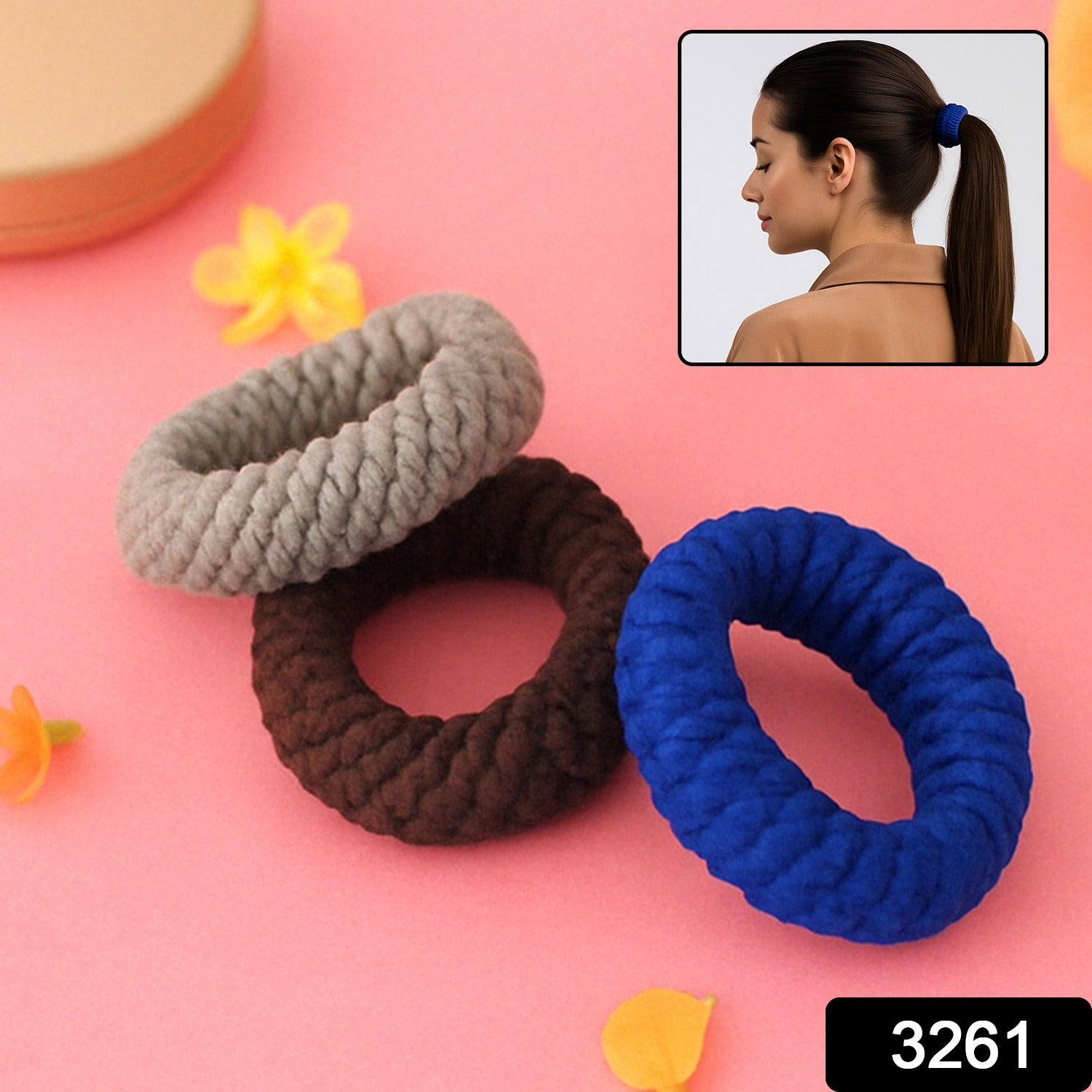 Pack of three multicolour Tyre Shape Hair Rubber Bands from Wukusy, colorful elastic hair ties for styling and securing hair.