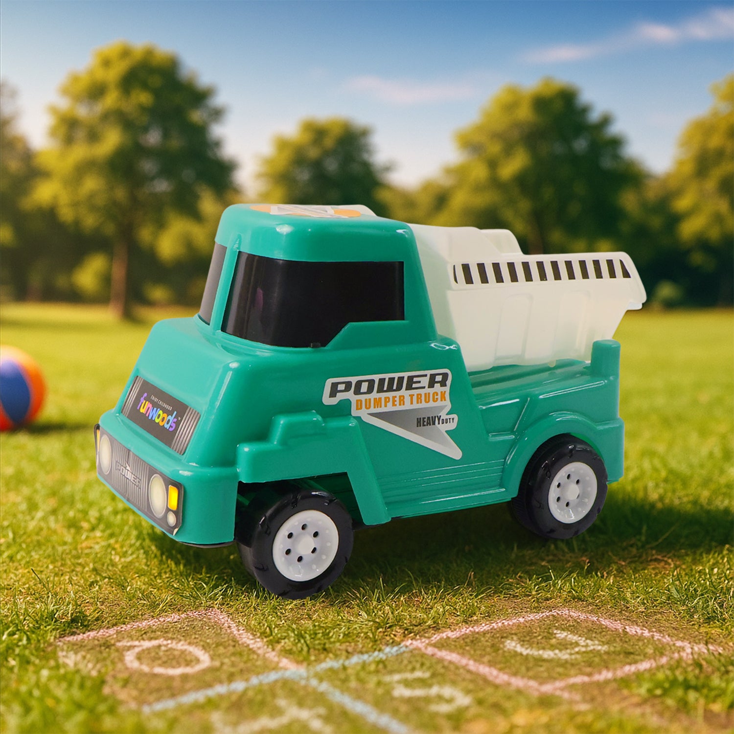 Wukusy Funwoods Kids Power Dumper Truck toy for children, featuring a colorful plastic construction with a lifting dumper bed.