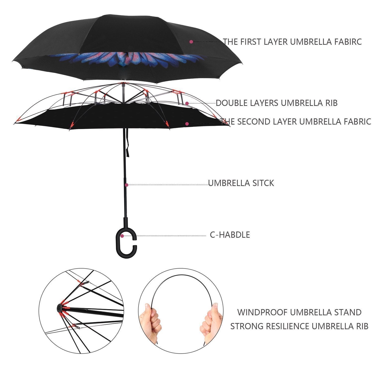 Wukusy 6211 plain design windproof upside-down reverse umbrella with C-shaped handle, open to show its innovative reverse structure.