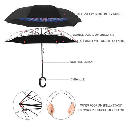Wukusy 6211 plain design windproof upside-down reverse umbrella with C-shaped handle, open to show its innovative reverse structure.