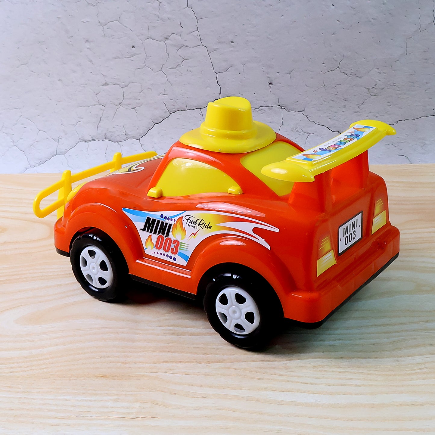 Wukusy Funwoods friction-powered cartoon racing car toy with colorful design and cartoon character, perfect for kids' play.