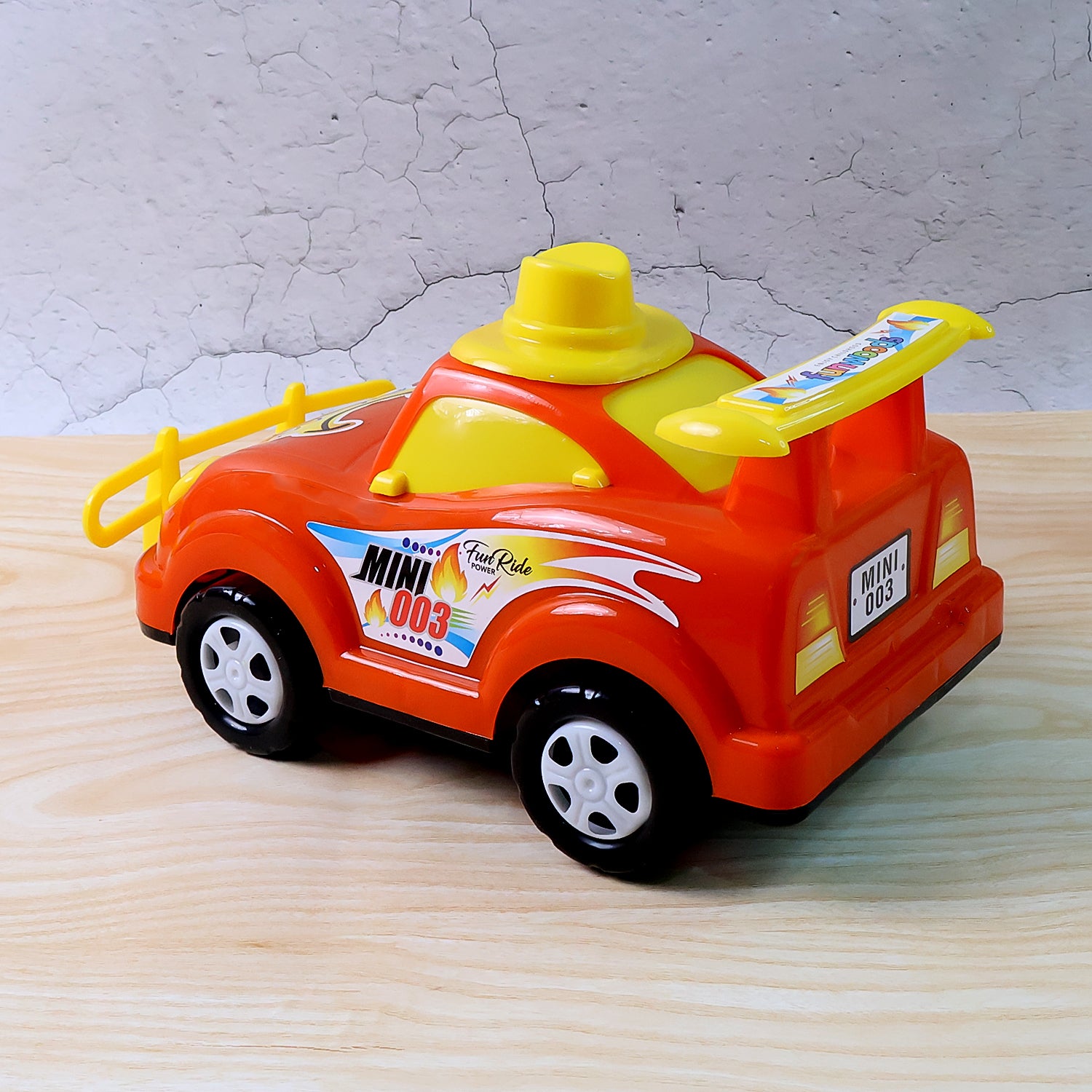 Wukusy Funwoods friction-powered cartoon racing car toy with colorful design and cartoon character, perfect for kids' play.