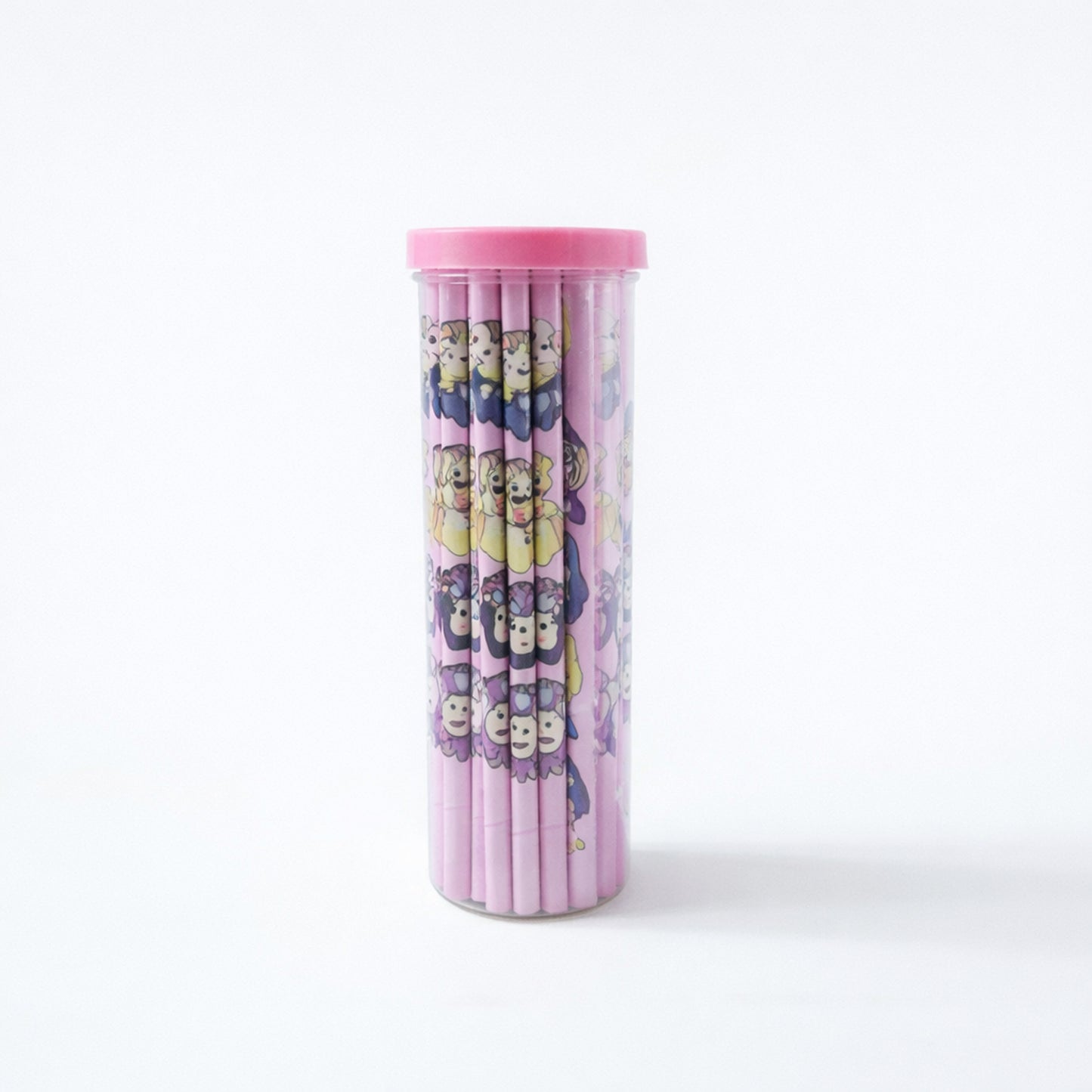 Colorful cartoon printed wooden pencil set by Wukusy, featuring 50 pencils with vibrant character designs for kids and students.