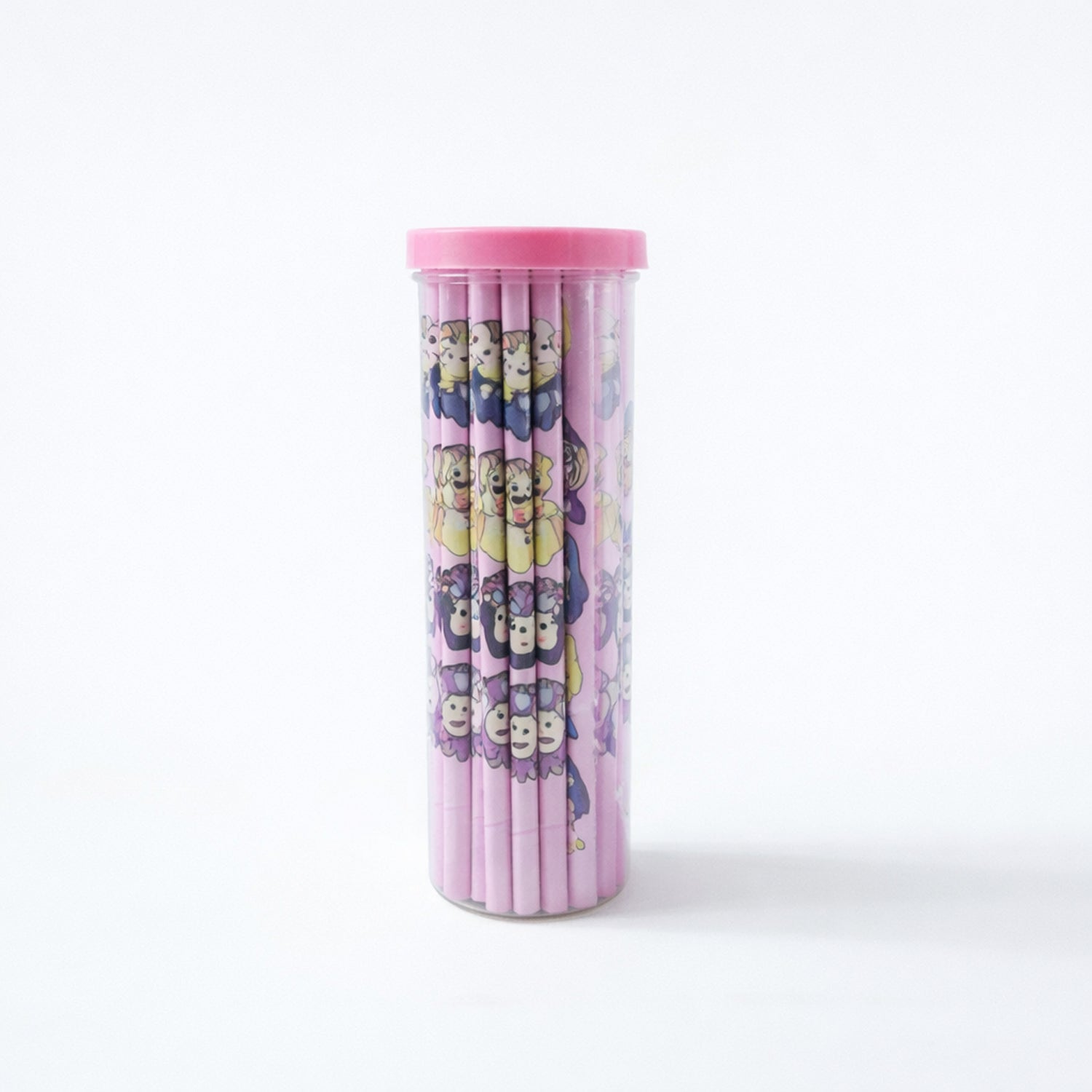 Colorful cartoon printed wooden pencil set by Wukusy, featuring 50 pencils with vibrant character designs for kids and students.