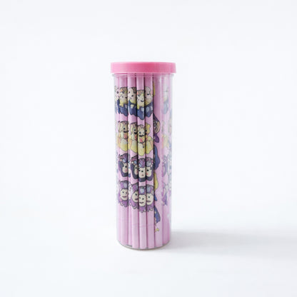 Colorful cartoon printed wooden pencil set by Wukusy, featuring 50 pencils with vibrant character designs for kids and students.