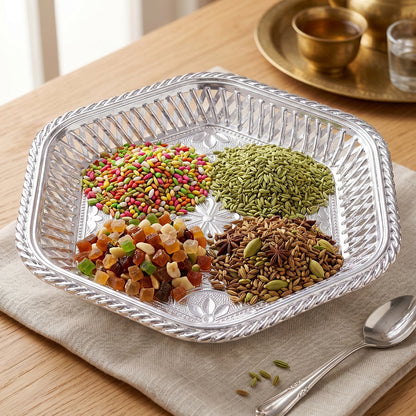 Decorative silver serving tray with traditional embossed floral design by Wukusy, showcasing intricate floral patterns.