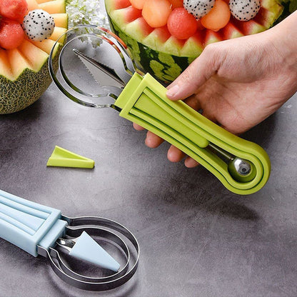 Wukusy 4-in-1 stainless steel melon baller with double-sided scoop for seed removal and fruit dessert shaping.