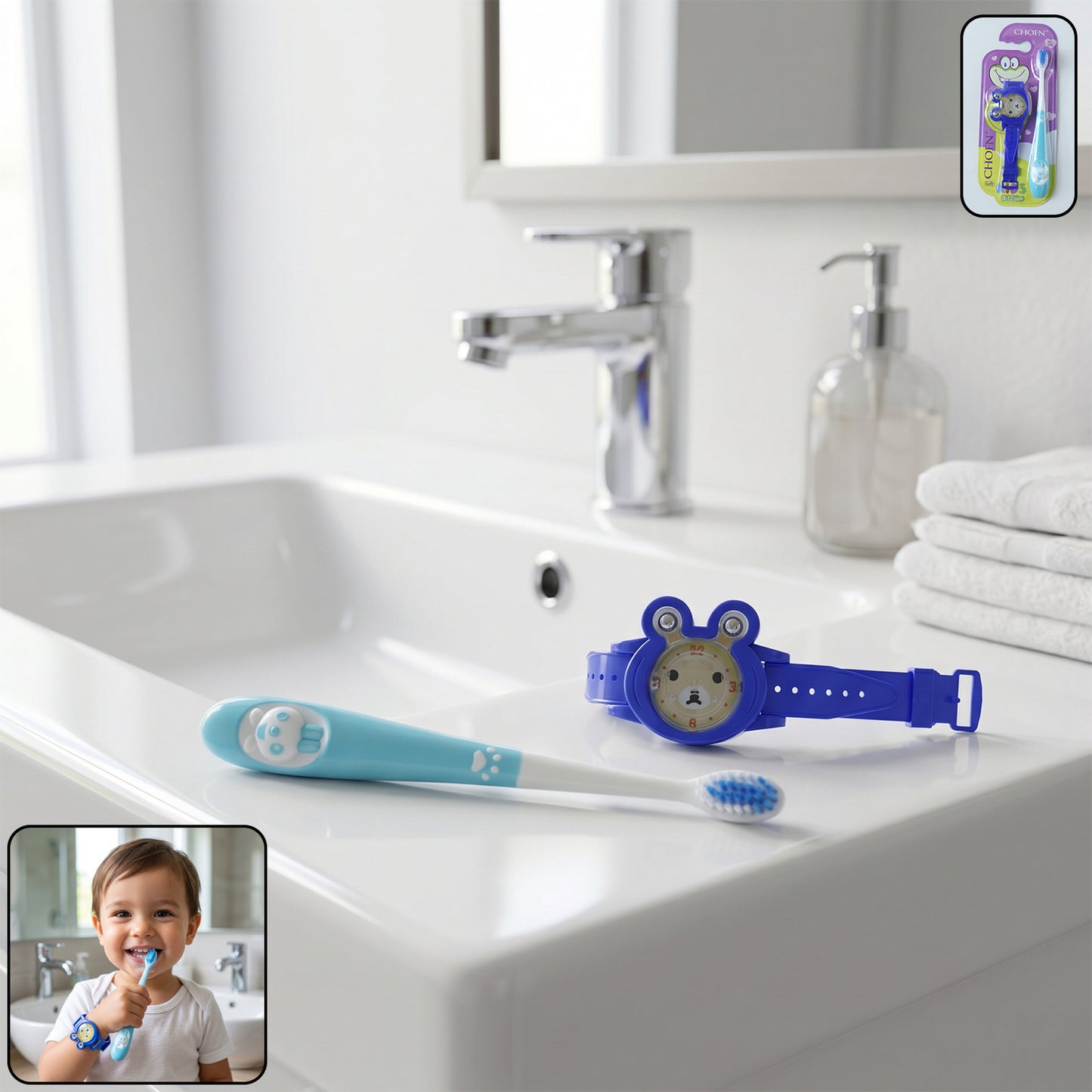 Wukusy 2-in-1 kids toothbrush with cartoon watch toy set, colorful toothbrushes with playful watch designs for children