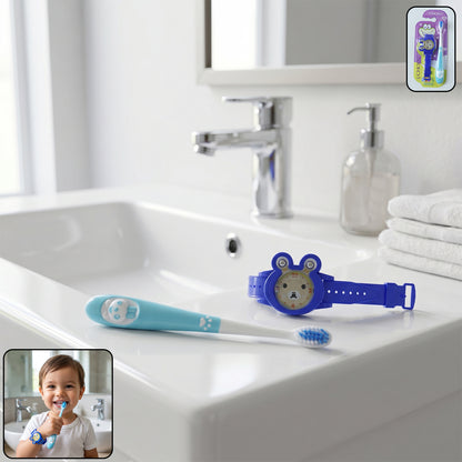 Wukusy 2-in-1 kids toothbrush with cartoon watch toy set, colorful toothbrushes with playful watch designs for children