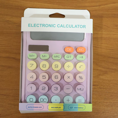 Wukusy electronic desktop calculator with numeric keypad and display screen showing calculations.