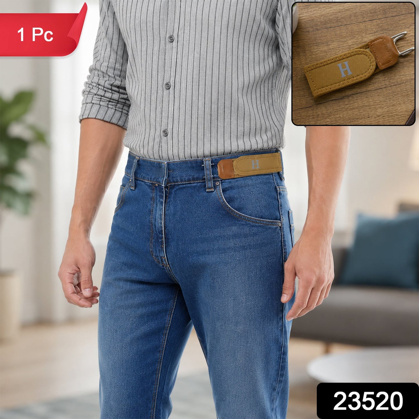 Wukusy buckle-less elastic waist belt showing its stretchy, invisible design with no visible bulge, ideal for a comfortable fit.