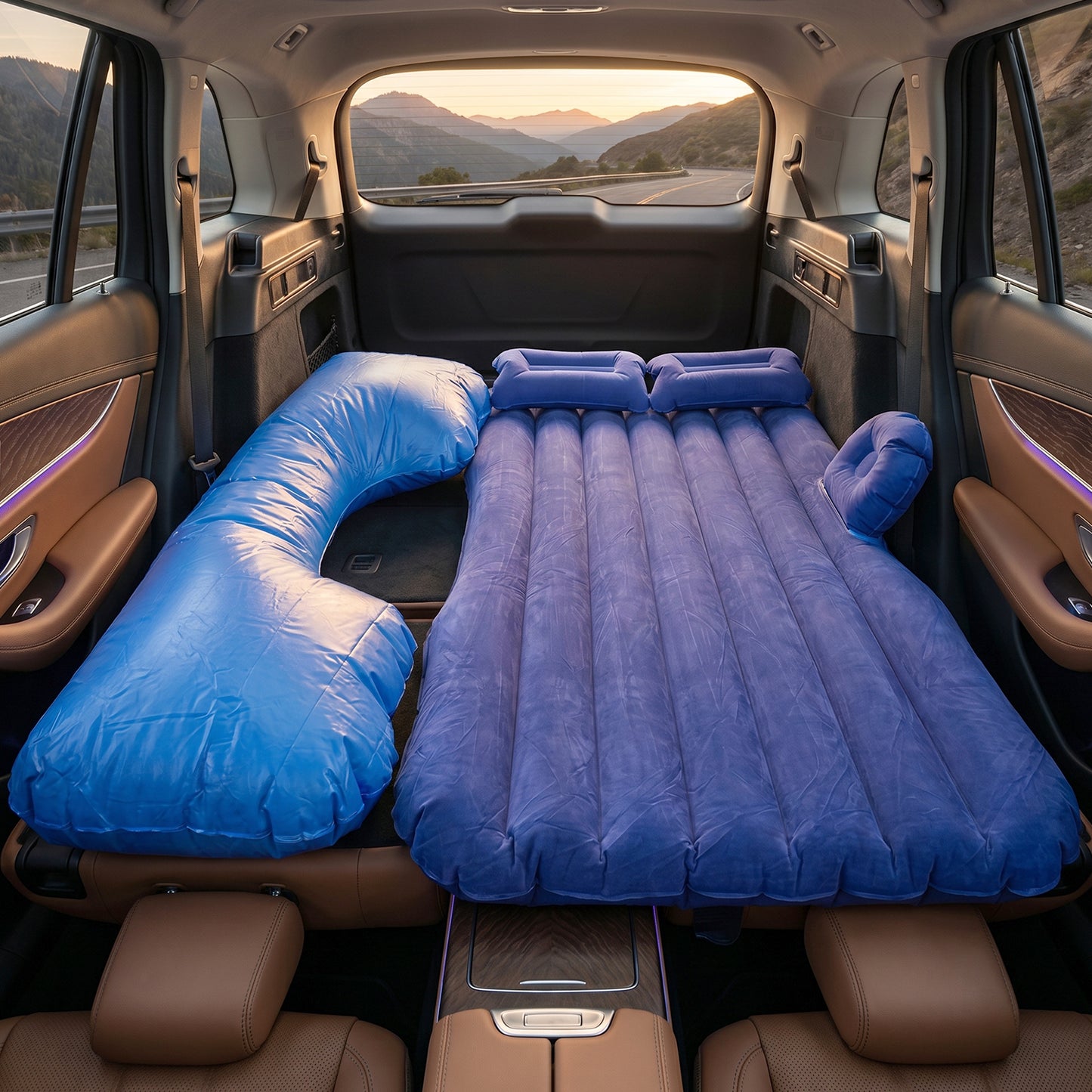 Blue Wukusy portable car air mattress bed set with pump and pillows, inflates easily for comfortable travel sleeping.