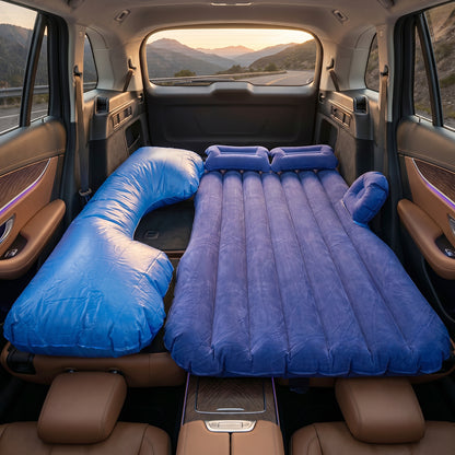 Blue Wukusy portable car air mattress bed set with pump and pillows, inflates easily for comfortable travel sleeping.
