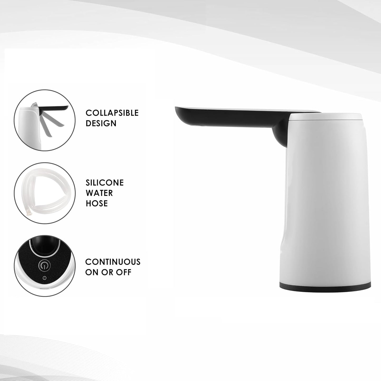 Wukusy electric water dispenser pump for home use, compact and easy to operate, shown installed on a water bottle in a kitchen setting.