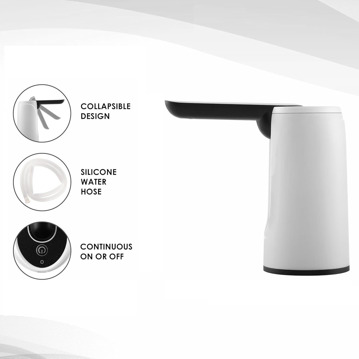 Wukusy electric water dispenser pump for home use, compact and easy to operate, shown installed on a water bottle in a kitchen setting.