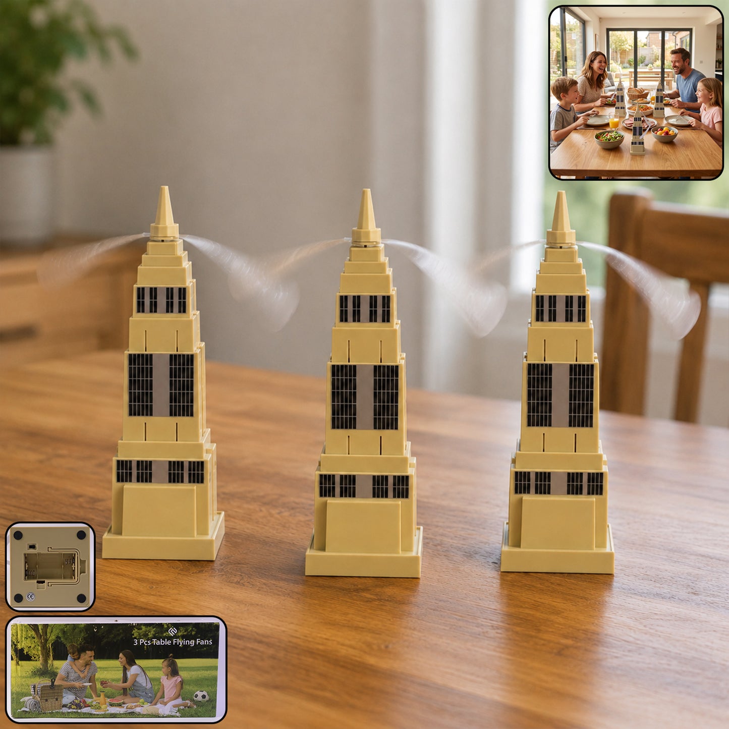 Wukusy fly repeller tabletop fan set with three food protection fans, designed to keep flies away from indoor food areas.